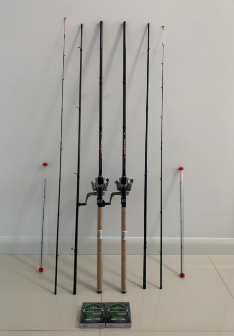 Dwa kompletne zestawy feeder 3.6m o wyrzucie 50-100 gram z kołowrotkami Dwa kompletne zestawy feeder 3.6m o wyrzucie 50-100 gram z kołowrotkami